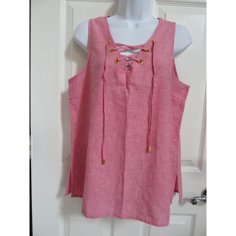 Harve Benard Pink Linen Blend Lace-Up Sleeveless Top Tank Coastal Women Sz M